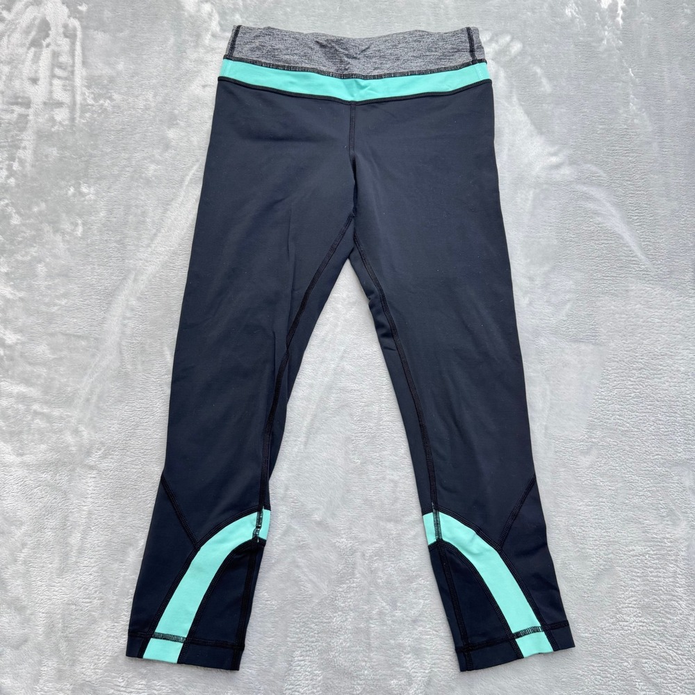 Lululemon Leggings Women 4 Black Teal Run Inspire Crop‎ Yoga Athletic Pants